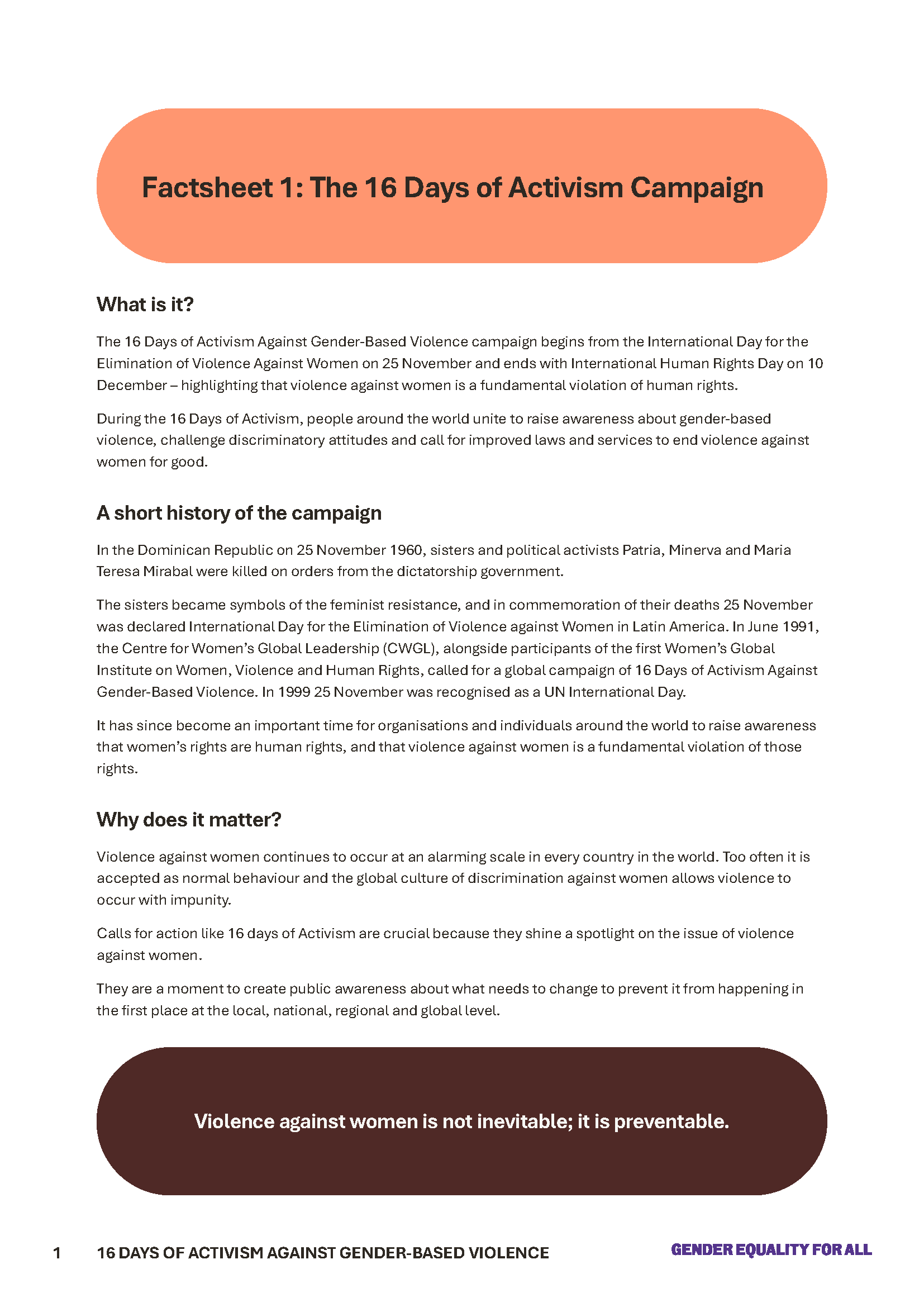 16 Days fact sheet cover