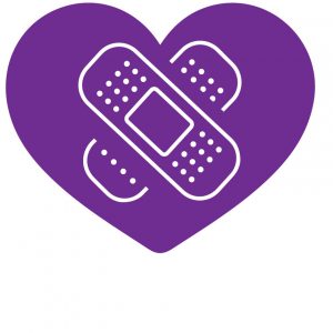 A purple heart frames the outline of a bandaid laid over a second bandaid in a cross shape