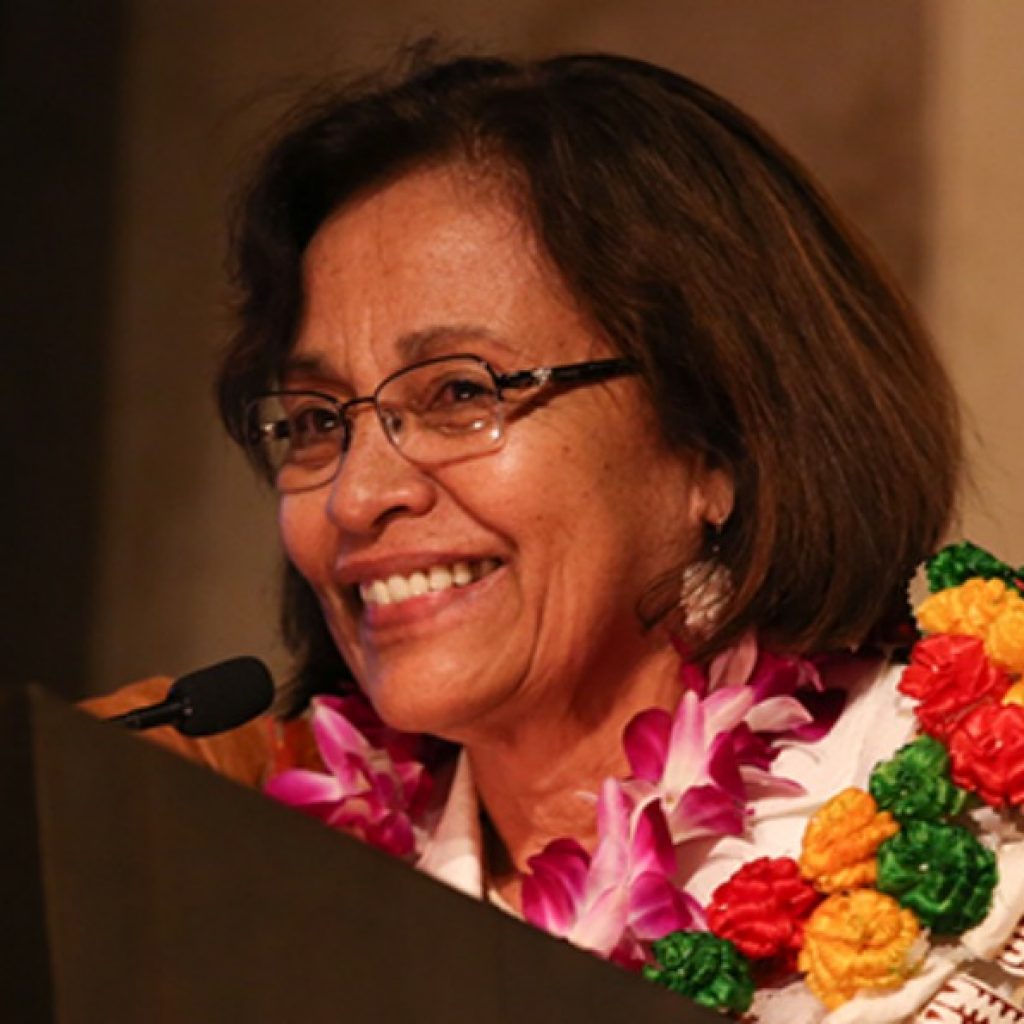 Image of President Hilda Heine speaking at a lecturn