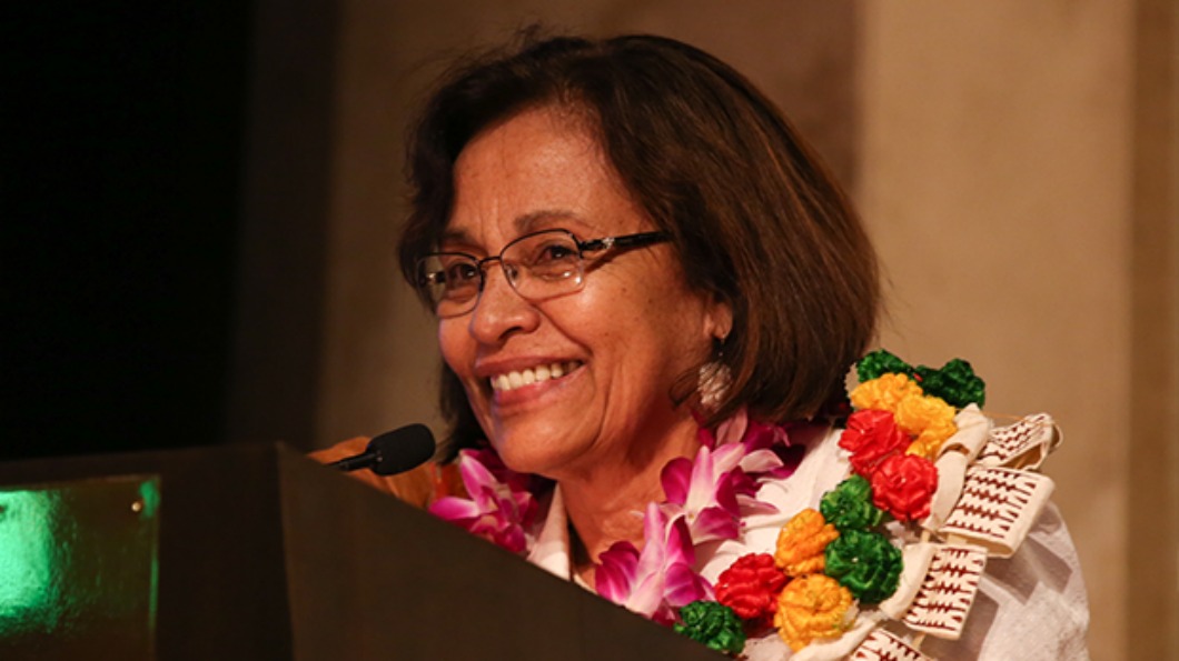 Image of President Hilda Heine speaking at a lecturn