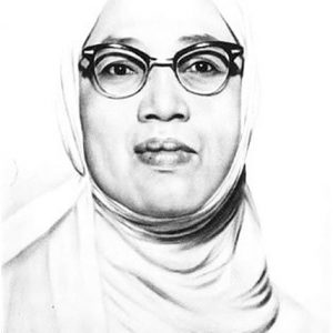 Rasuna Said, a muslim woman wearing hijab and glasses - black and white