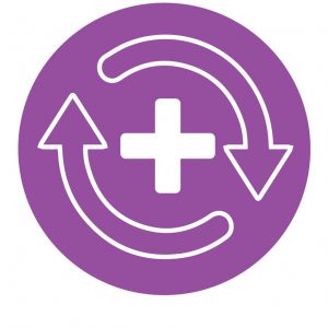 Two white arrows point clockwise in a circle around a white cross. They are set against a purple circle as a background.