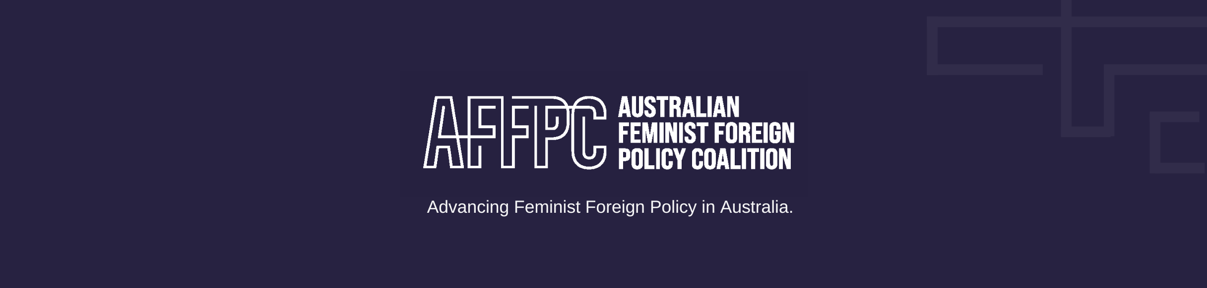 Australian Feminist Foreign Policy Coalition white logo on dark blue background