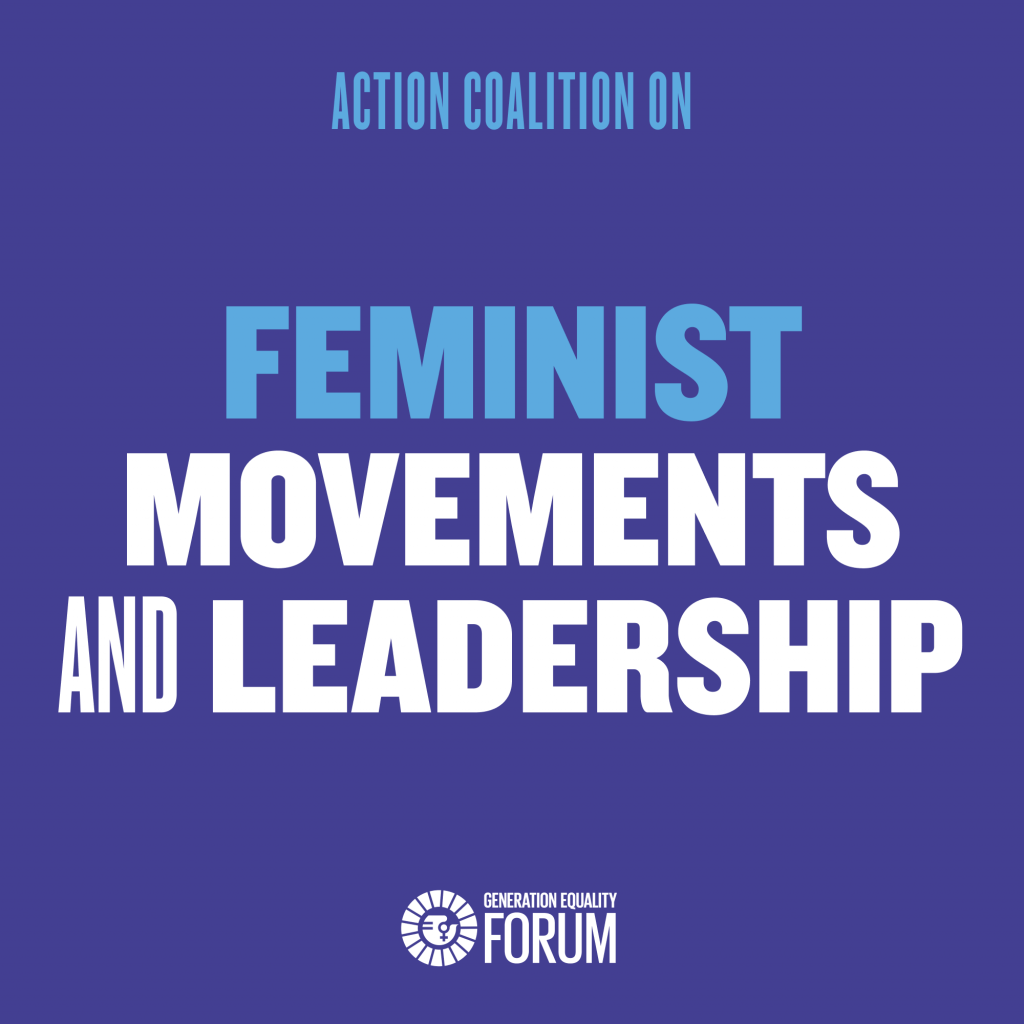 Blue sqaure with text that says Feminist Movements and Leadership