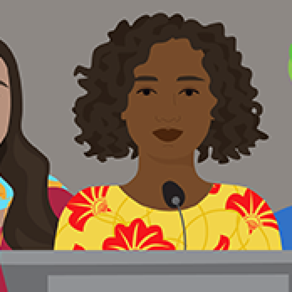 A group of 3 diverse women stand behind a podium microphone