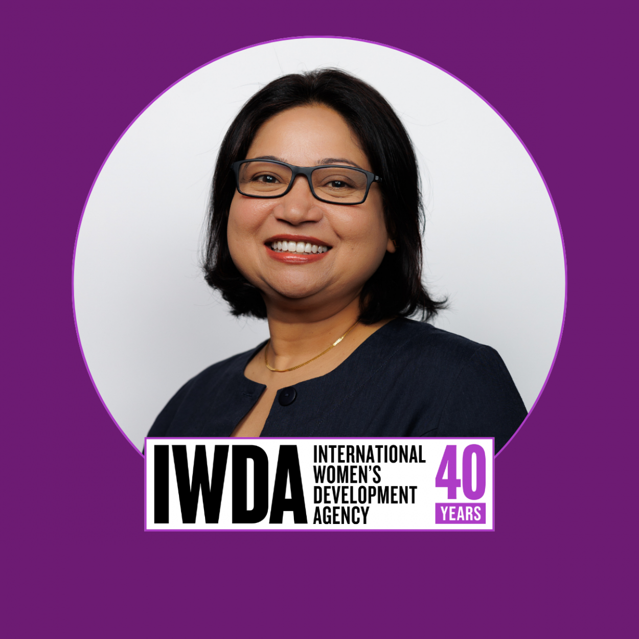 Portrait of IWDA CEO, Nayomi Kannangara accompanied by IWDA 40th anniversary logo