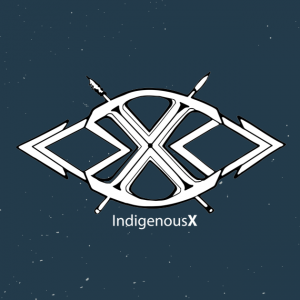 White indigenousX logo on dark blue starry background. A shield with two spears in the shape of an x are arranged to look like an eye. Underneath the logo is the word "IndigenousX"