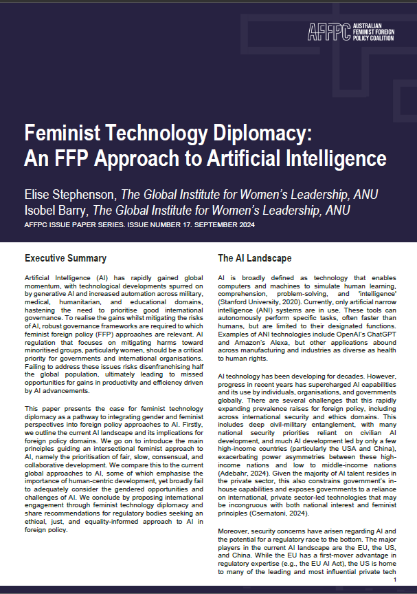 Front page thumbnail AFFPC issues paper Feminist Technology Diplomacy: An FFP Approach to Artificial Intelligence