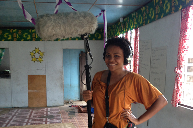 Paulini Turagabeci, an alumni of the Emerging Female Leader Program, assisting filmmakers. Photo: Bronwyn Tilbury