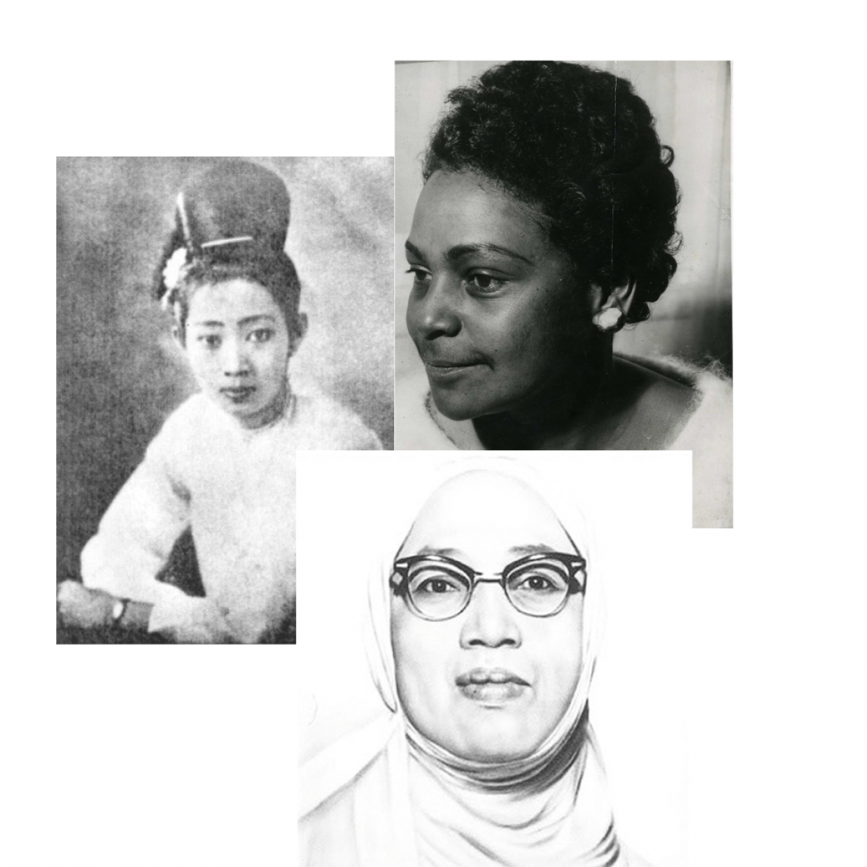 Collage of Faith Bandler- a dark skinned women, Rasuna Said - a muslim woman in a niquab and glasses and Ludu Daw Amar - a young asian woman. All images are black and white