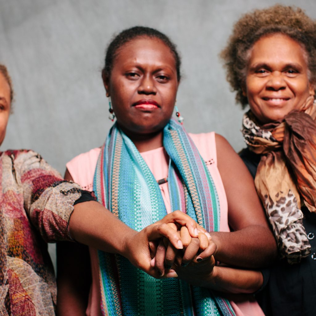 Loisy Auariri Wate of West ‘Are’Are Rokotanikeni Association, Donna Makini of Women's Rights Action Movement, and Alice Aruhe’eta Pollard of West ‘Are’Are Rokotanikeni Association. Photo: Gemma Carr