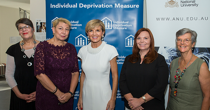 Jo Crawford (IWDA), Jo Hayter (IWDA CEO), Hon Julie Bishop MP, Dr Sharon Bessell (ANU), Dr Janet Hunt (ANU)