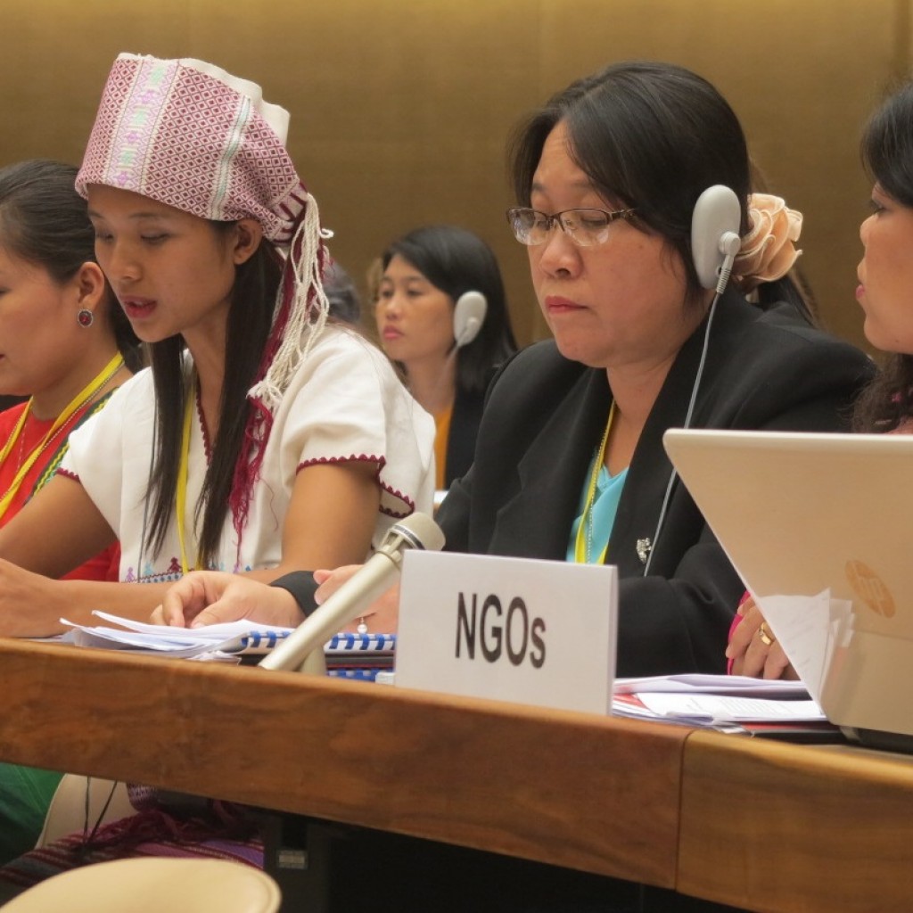 Myanmar's NGO delegation make their joint statement to the CEDAW Committee.