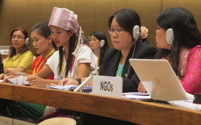 Myanmar's NGO delegation make their joint statement to the CEDAW Committee.