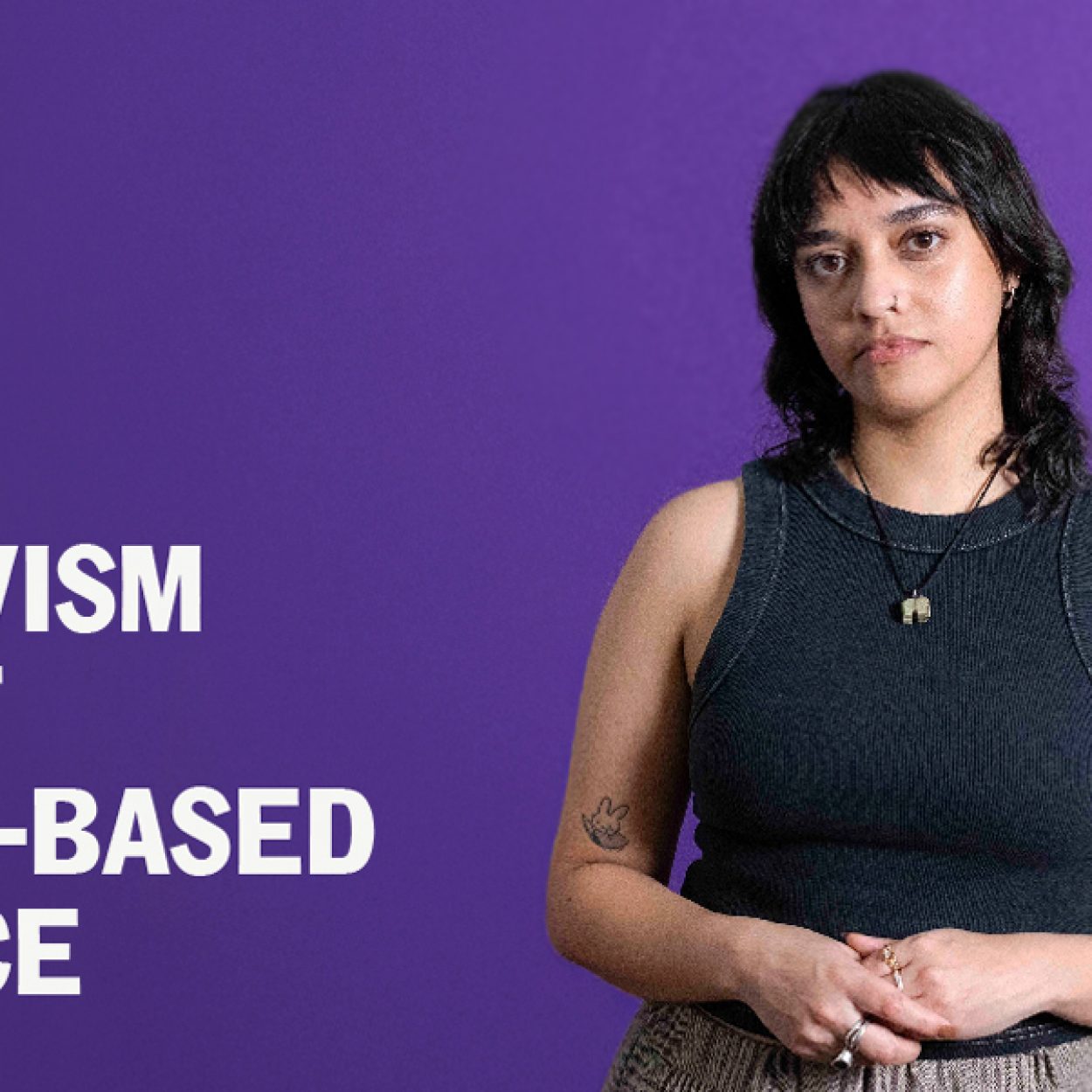 16 Days of Activism against Gender based violence. Young woman looks seriously at the camera