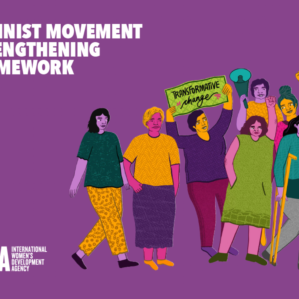 purple background and illustration of feminist activists walking together