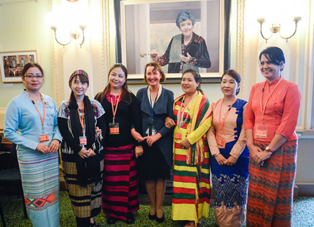 Myanmar MPs stand with with for state Labor MP Judith Graley. Photo: Kira Sharkie