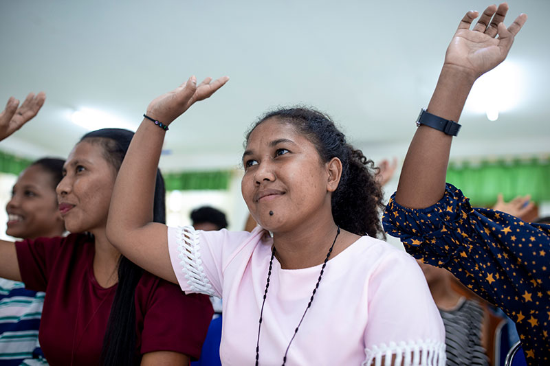 Women take part in a gender-based violence prevention workshop run by Alola Foundation.
