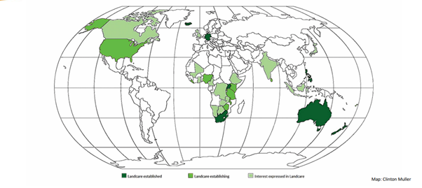 Map of the world with shades of green indicating reach of Landcare programs