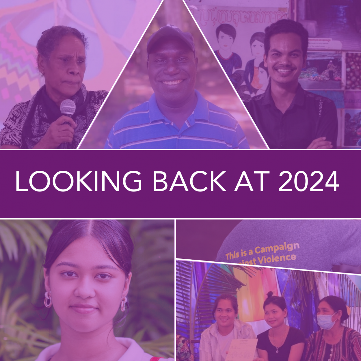 Collage of featured images from IWDA in 2024 including a young girl smiling ath the camera, a woman with a microphone, a LGBTQIA+ partnership declaration, and two separate images of male advocates. Title: Looking back at 2024