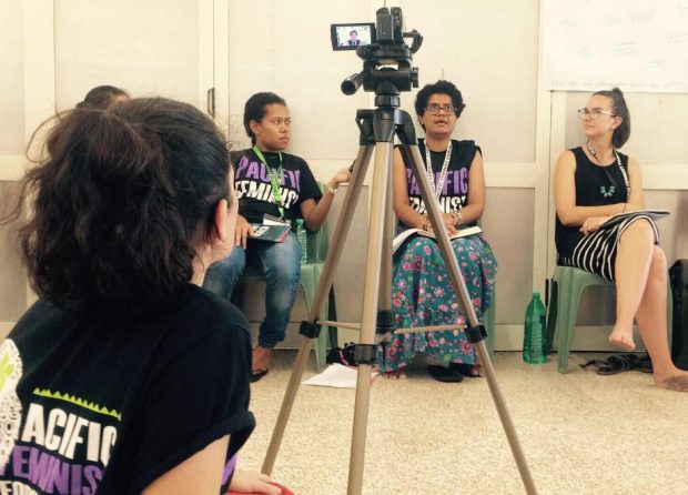 An image of filming during the first ever Pacific Feminist Forum in Fiji.