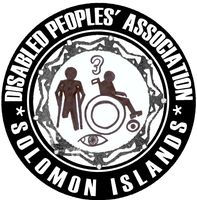 Black circle border with text running through it. a person with crutches and a person in a wheelchair are in the centre of the circle