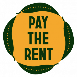 Pay the rent logo, 4 green gum leaves form a circle around a yellow sun. In the centre of the Sun are the words "PAY THE RENT" in green text