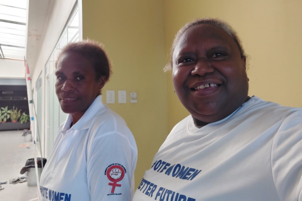 Pionie Boso, WRAM and Naomi Larri, President of Central Islands Province Council for Women (CIP-PCW) wearing #VoteWomen t-shirts ahead of the April election