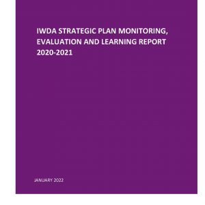 Coversheet for IWDA STRATEGIC PLAN MONITORING, EVALUATION AND LEARNING REPORT 2020-2021 Purple background with the title in white text at the top of the page