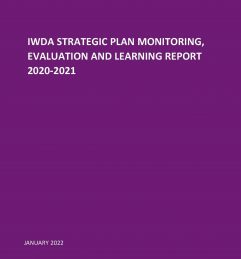 Coversheet for IWDA STRATEGIC PLAN MONITORING, EVALUATION AND LEARNING REPORT 2020-2021 Purple background with the title in white text at the top of the page