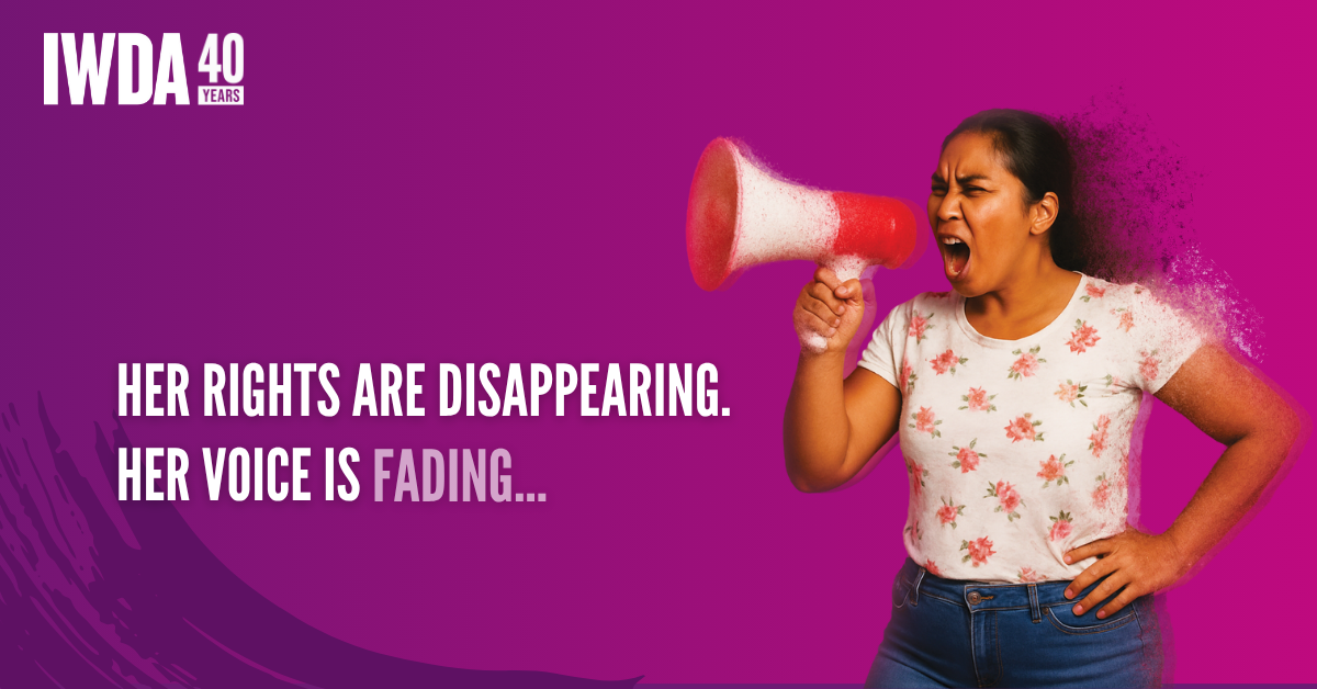 Woman with a microphone. The image starts to break up and disappear from right to left Text reads Her rights are disappearing Her voice is fading. The word 