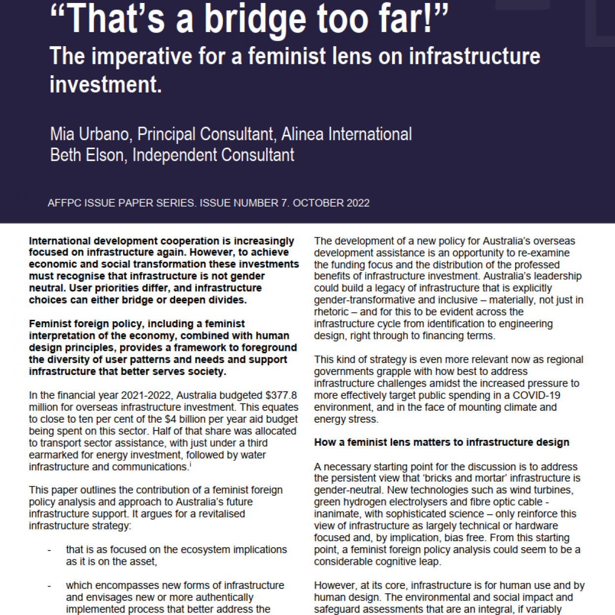 Page one of “That’s a bridge too far!” A Feminist Imperative for Infrastructure Investment