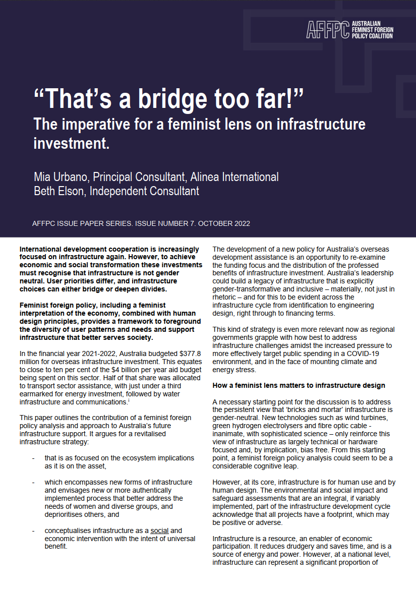 Page one of “That’s a bridge too far!” A Feminist Imperative for Infrastructure Investment