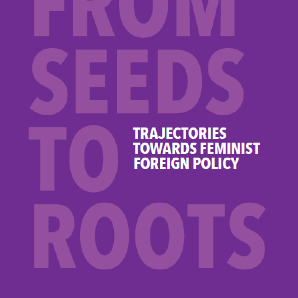 Purple background with text that says Trajectories towards Feminist Foreign Policy