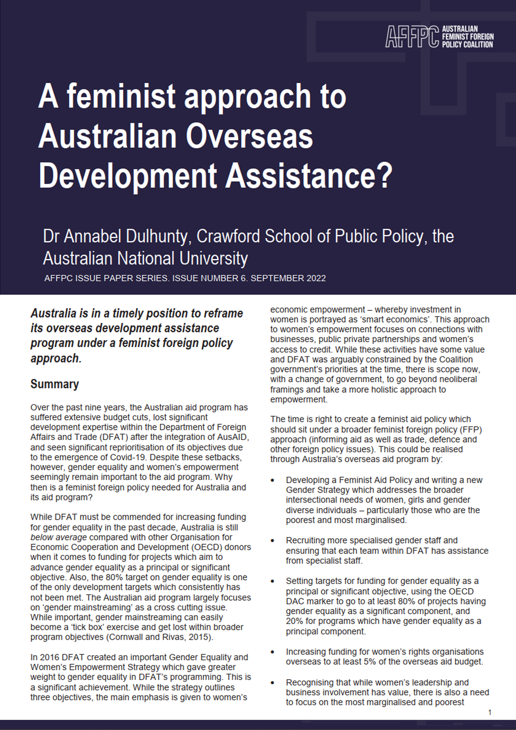 Page one of the AFFPC paper - Feminist Approach To Australian Overseas Development Assistance?