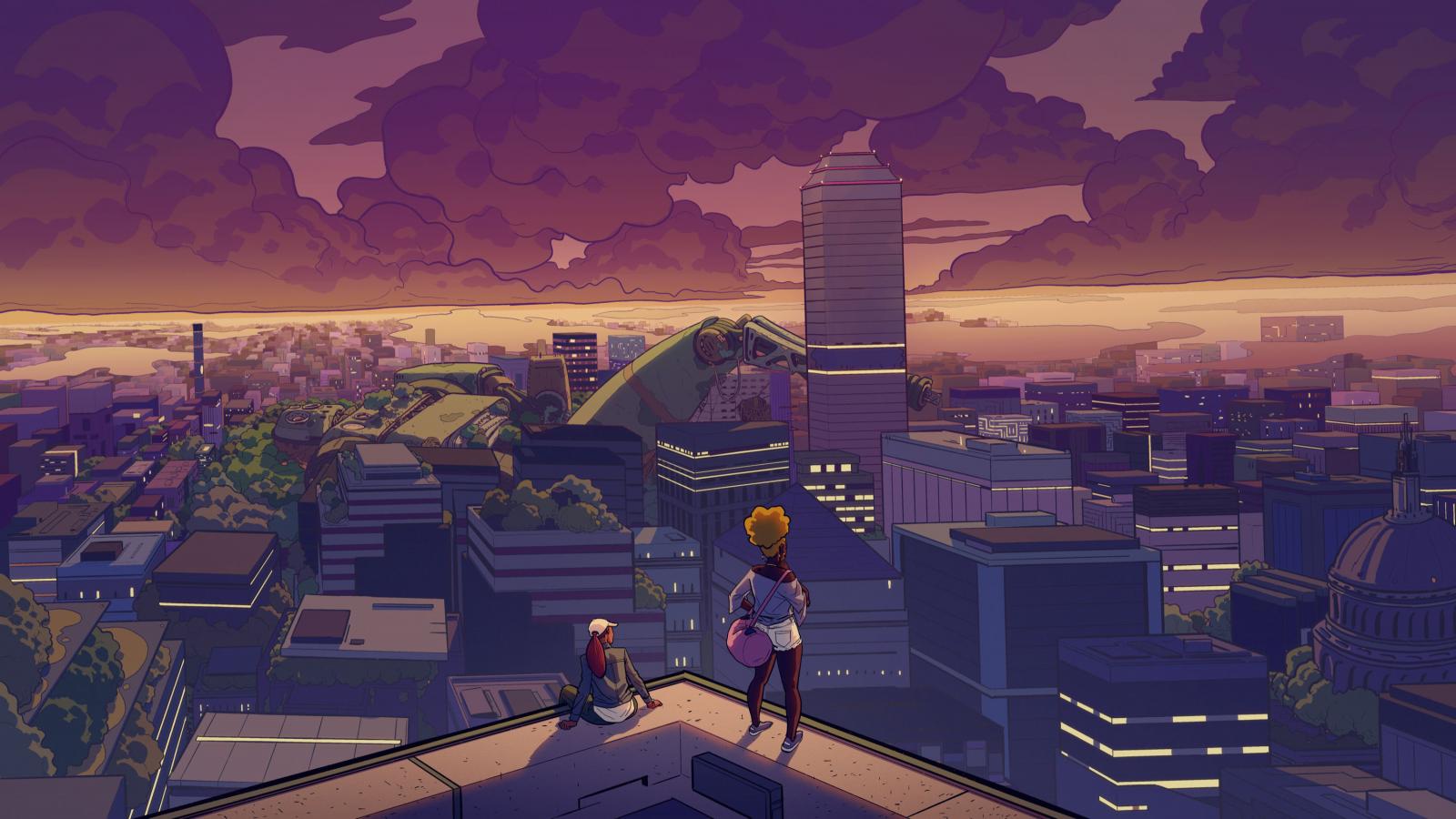 Illustrated Afrofuturist scene with two people looking out over a city