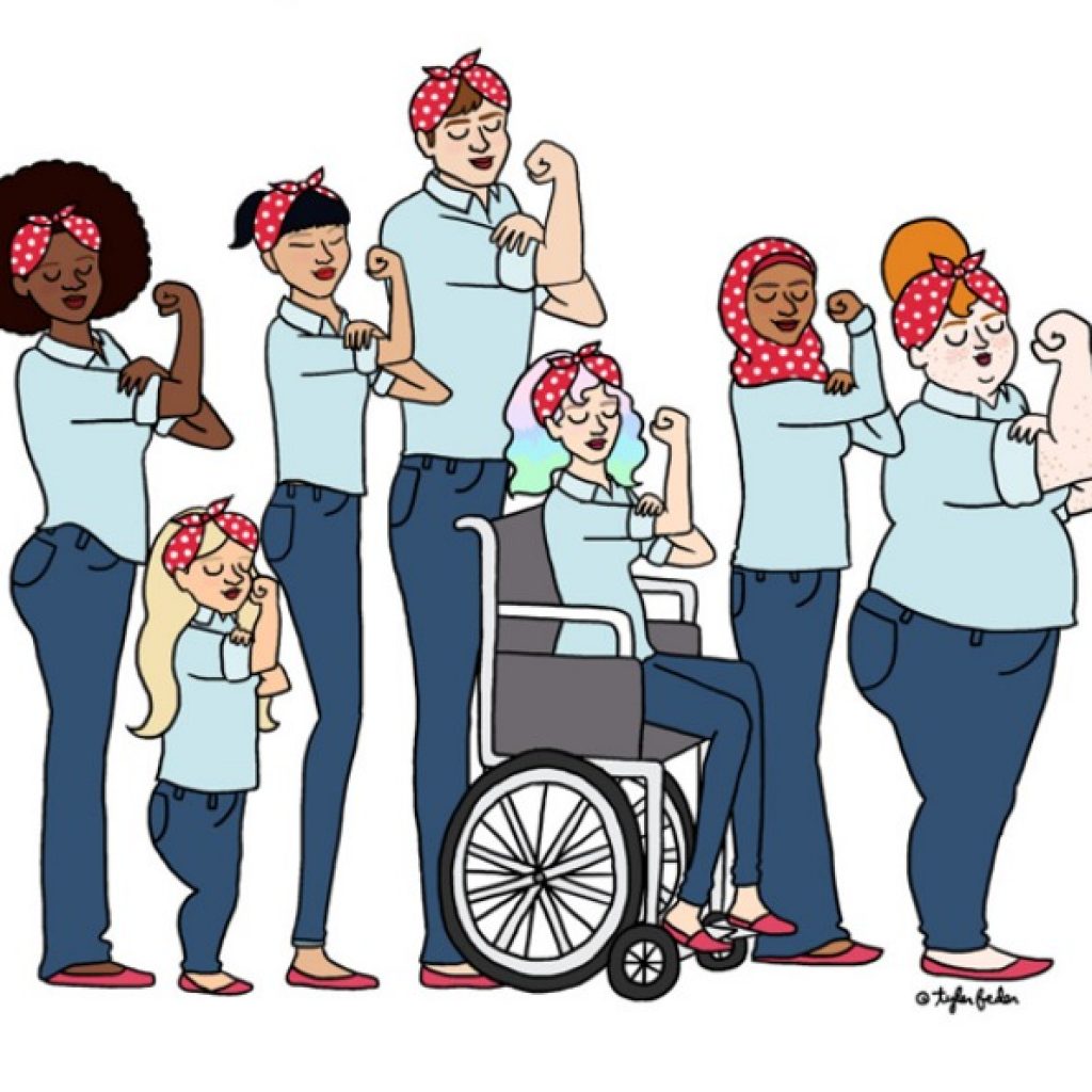 Illustration of 7 women in the Rosie the Riveter pose. Each woman is a different size, colour, religion and one is in a wheelchair.