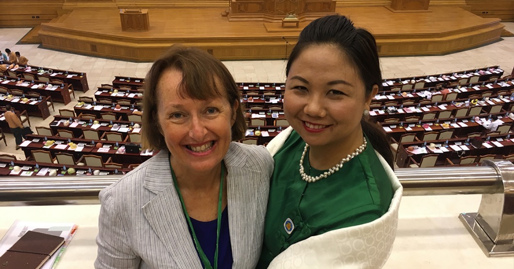 Pitcure of Judith Graley and Nan Moe in Myanmar's Parliament