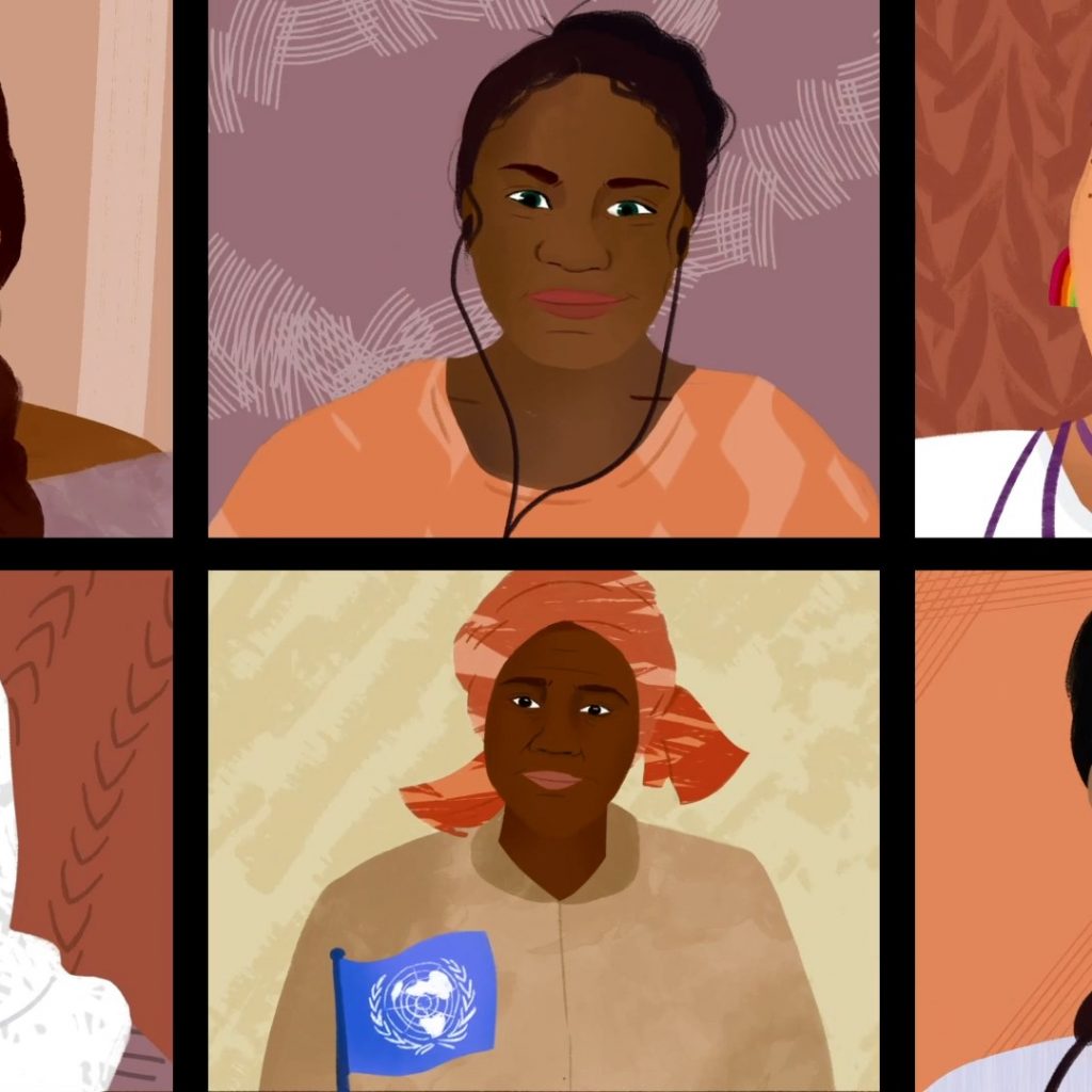 Illustration of young women from across the world in a zoom call