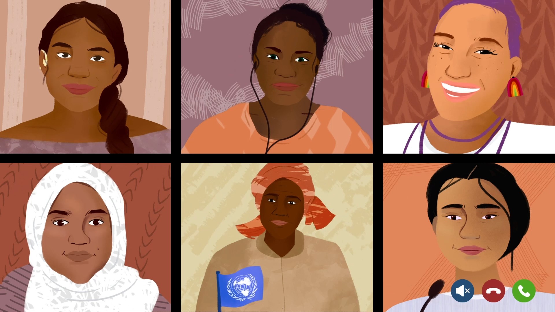 Illustration of young women from across the world in a zoom call