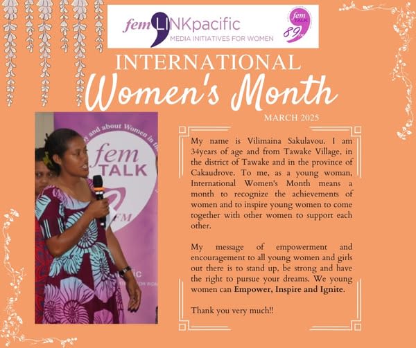 A social media tile created by femLINKpacific featuring messages from community members on the importance of International Women's Day.