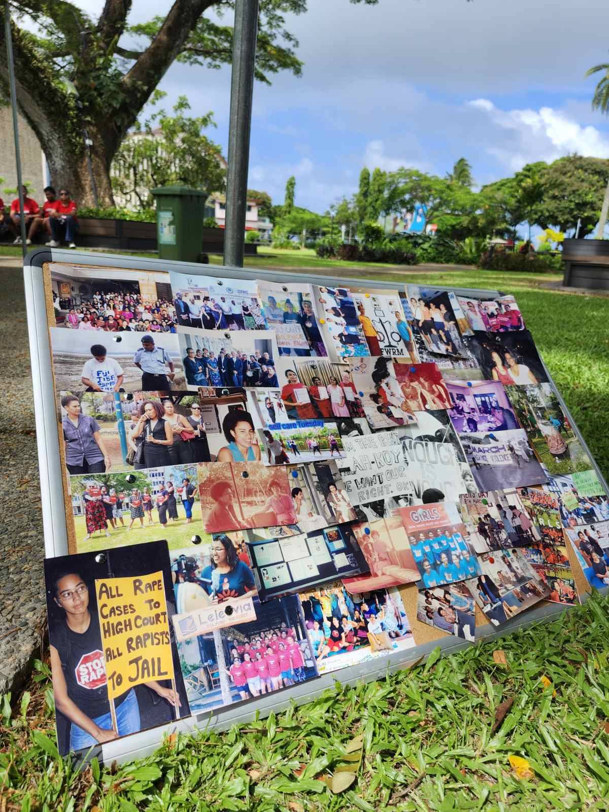 A collage of photos from past events displayed at FWRM's 'If Women Stop, the World Stops' concert.