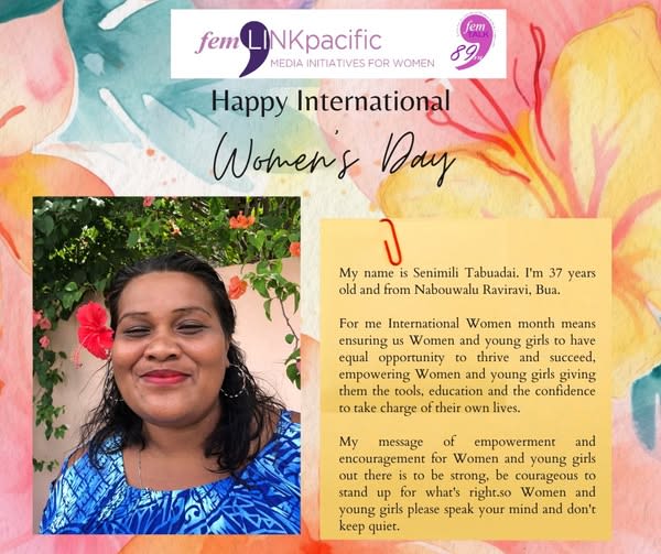 A social media tile created by femLINKpacific featuring messages from community members on the importance of International Women's Day.