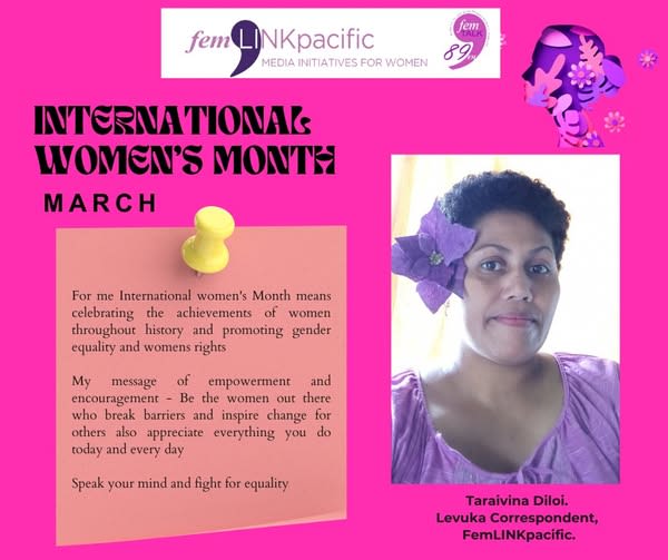 A social media tile created by femLINKpacific featuring messages from community members on the importance of International Women's Day.