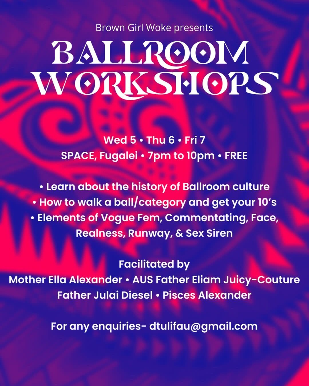 A poster advertising Brown Girl Woke's Ballroom Workshops.
