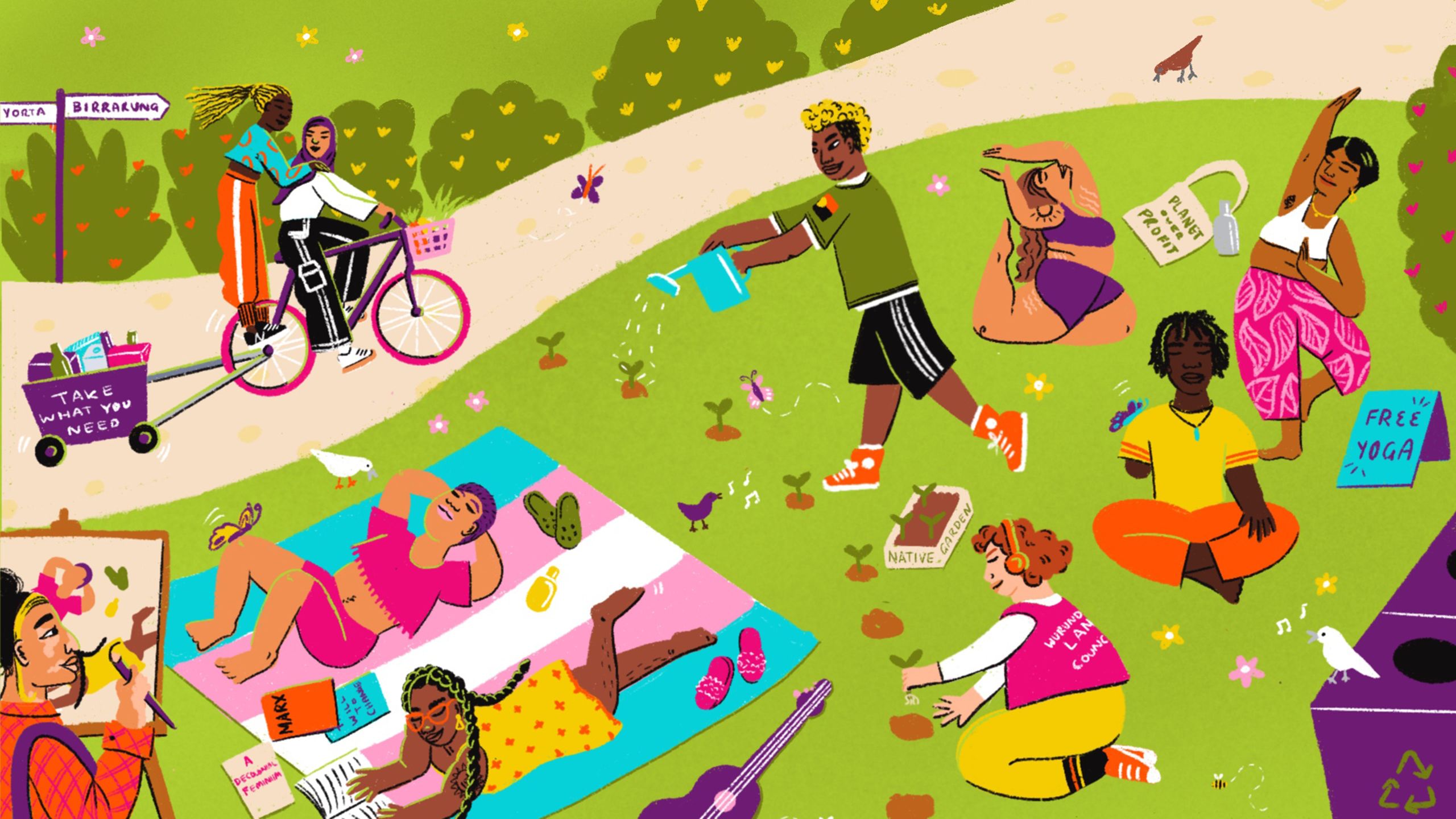 A joyful and vibrant scene in a green park that shows Society is organised holistically, integrating people and planet. People’s worth is decoupled from their economic contribution, enabled by the establishment of a reasonable minimum income which frees people to reach the fullness of their potential—creative, social, economic and environmental. Rejecting the structural violence of capitalism eases pressures on mental health and reduces gendered violence creating a more humane society.