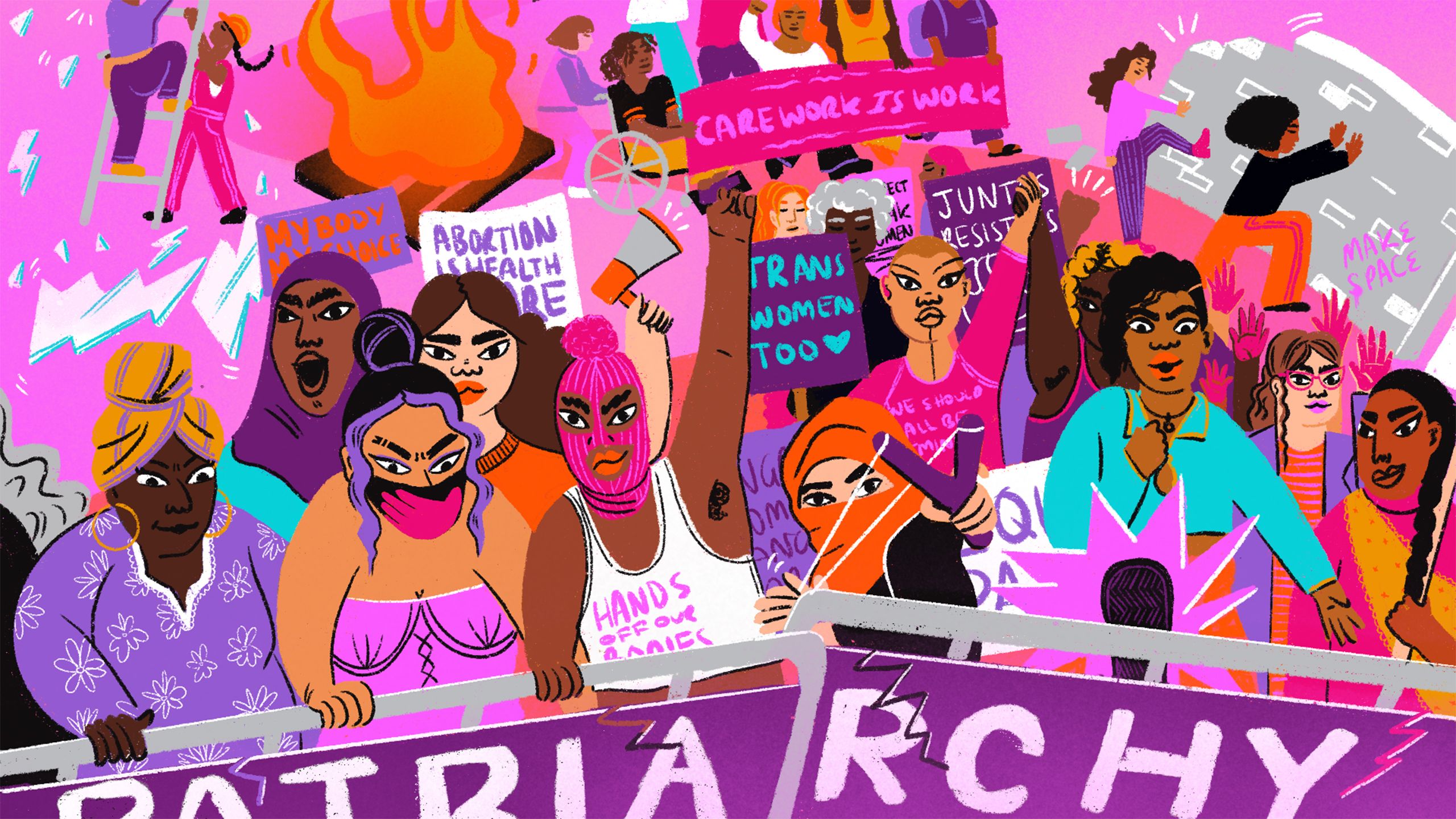 A vibrant and dynamic pink and orange scene of women from movements around the globe, striking en-masse to smash the patriarchy, glass ceiling and to make space for those behind them. A diverse and passionate group of women and gender diverse people are fighting for abortion rights, justice, safety and recognition of care work.