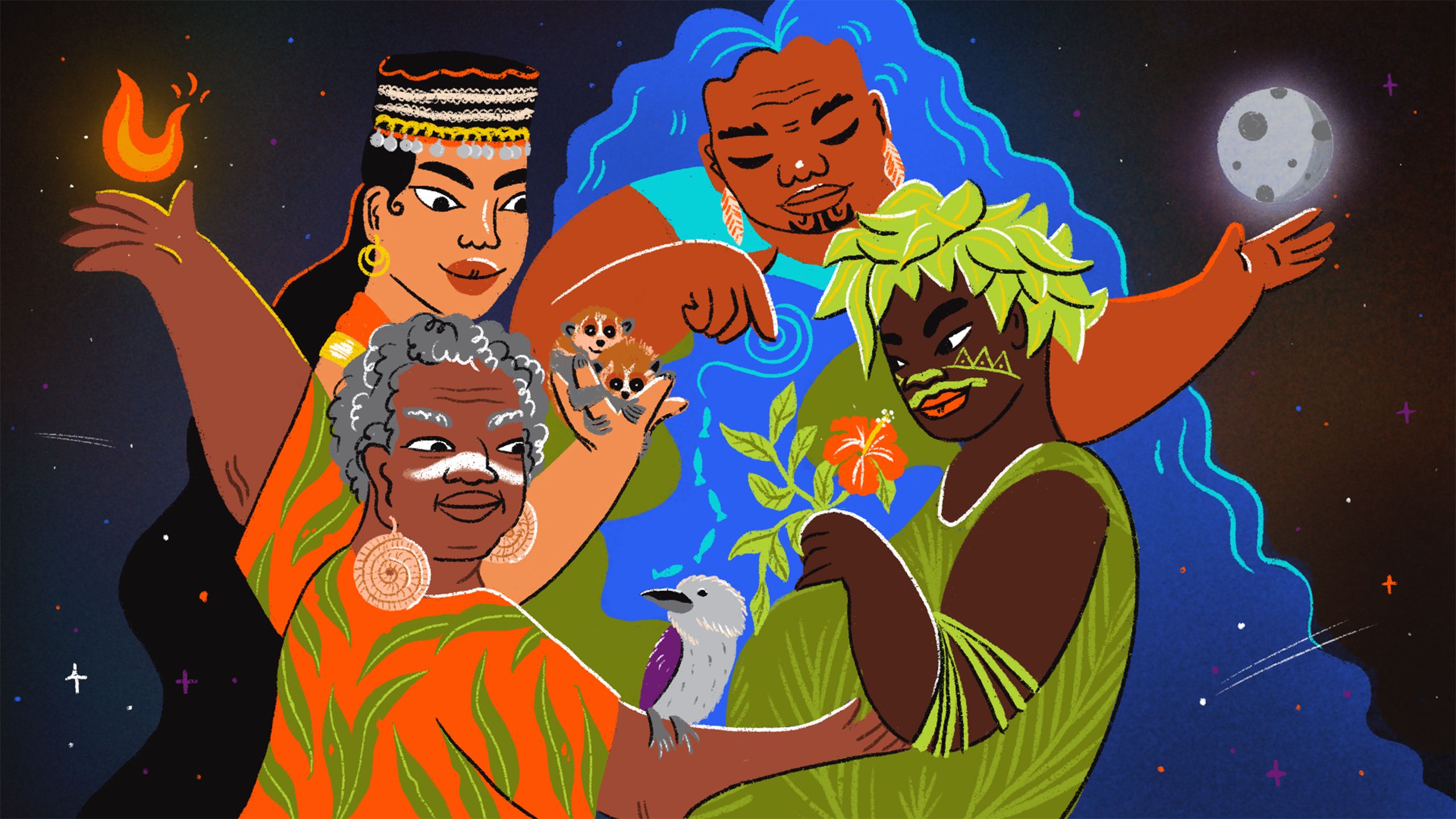 A symbolic illustration of Re-learning from First Nations cultures, we develop a greater connection to the land we live on, care for, and regenerate. In the dark starry sky the Earth glows, she is surrounded by First Nations women and Elders from Australia, Borneo, Papua New Guinea and Aotearoa harnessing water and fire, caring for animals and plants, embracing and protecting 