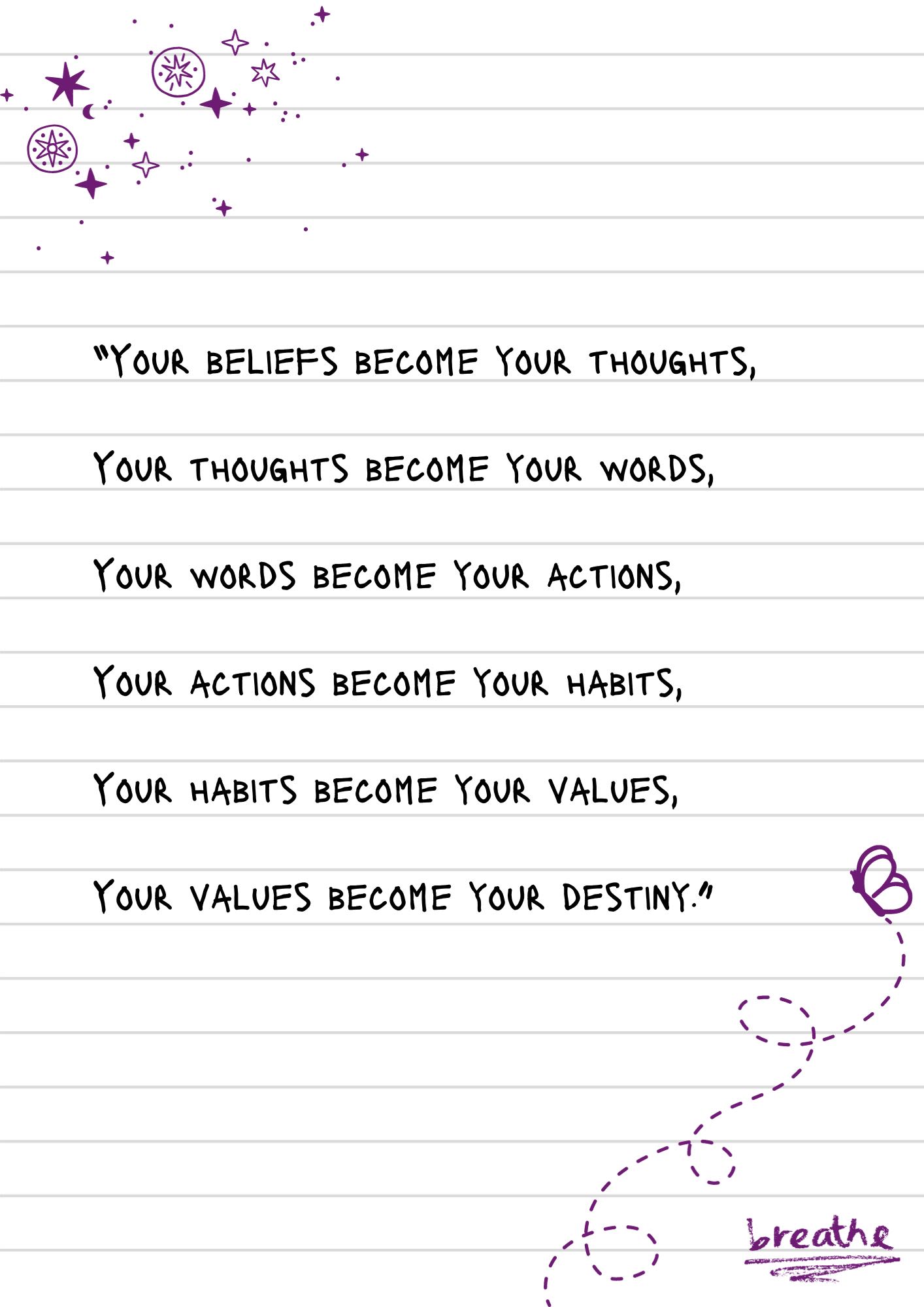 A page from a notebook covered in doodles and scribbles. In the bottom corner is a scribble that says 'breathe'. The text reads, "“Your beliefs become your thoughts, Your thoughts become your words, Your words become your actions, Your actions become your habits, Your habits become your values, Your values become your destiny.”