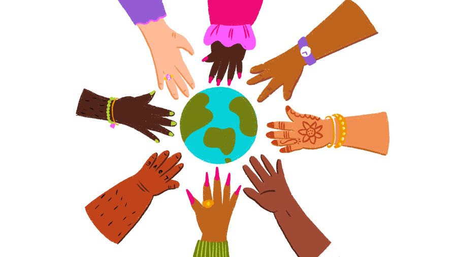 A pink, green, blue and purple illustration of different hands out flat, positioned around the globe.